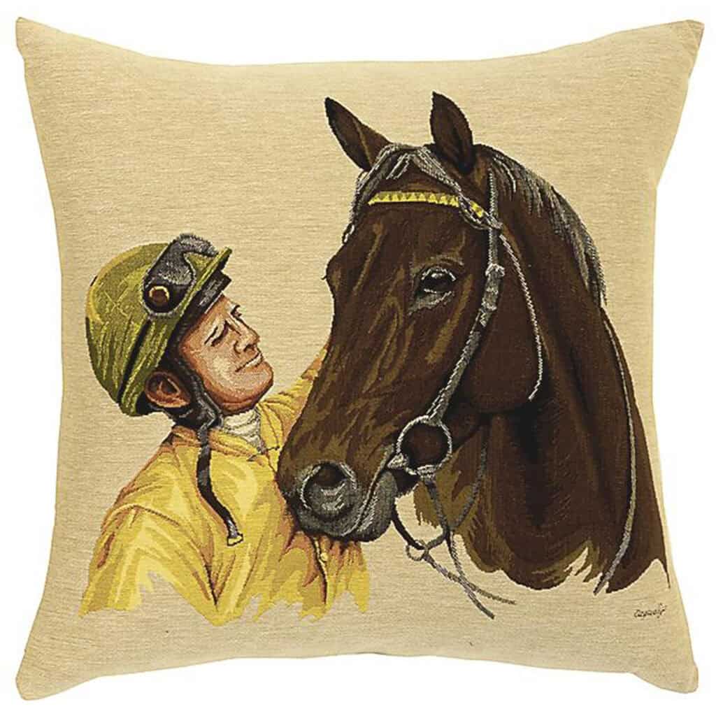 Yellow Jockey Patting Horse Portrait Cushion