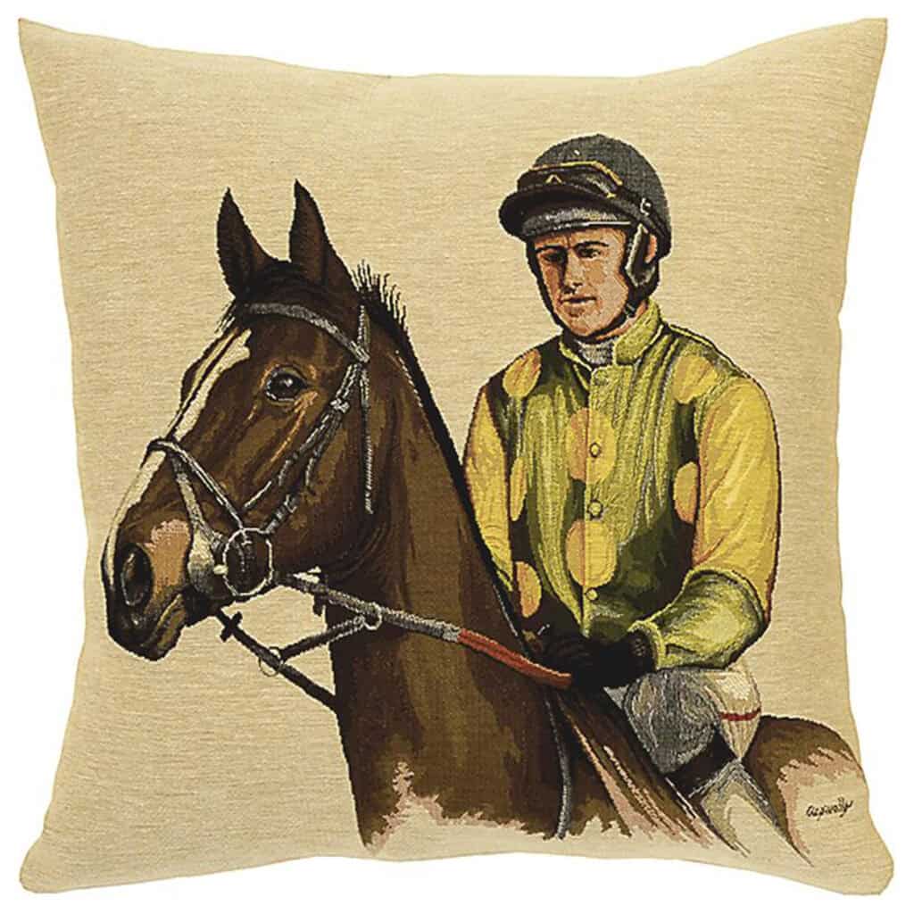 Yellow Jockey Riding Horse Portrait Cushion