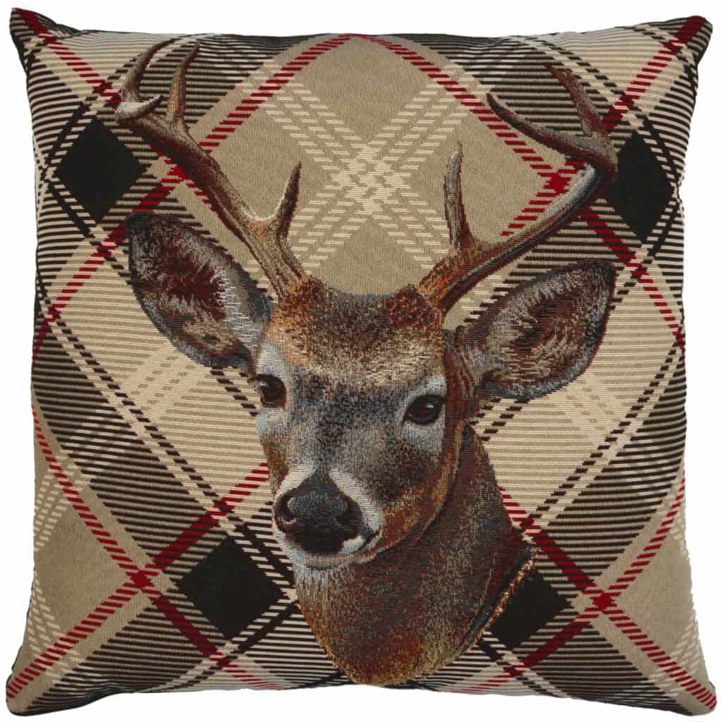 Deer Head & Beige Tartan Portrait Cushion
