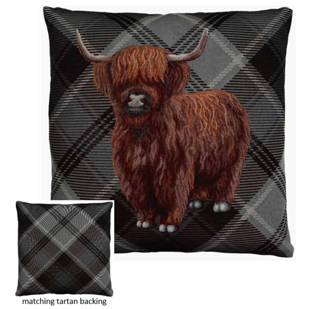 Highland Cow & Grey Tartan Cushion