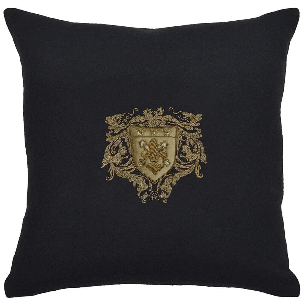 Fleur de Lys and Lions on Black Wool Cushion Square