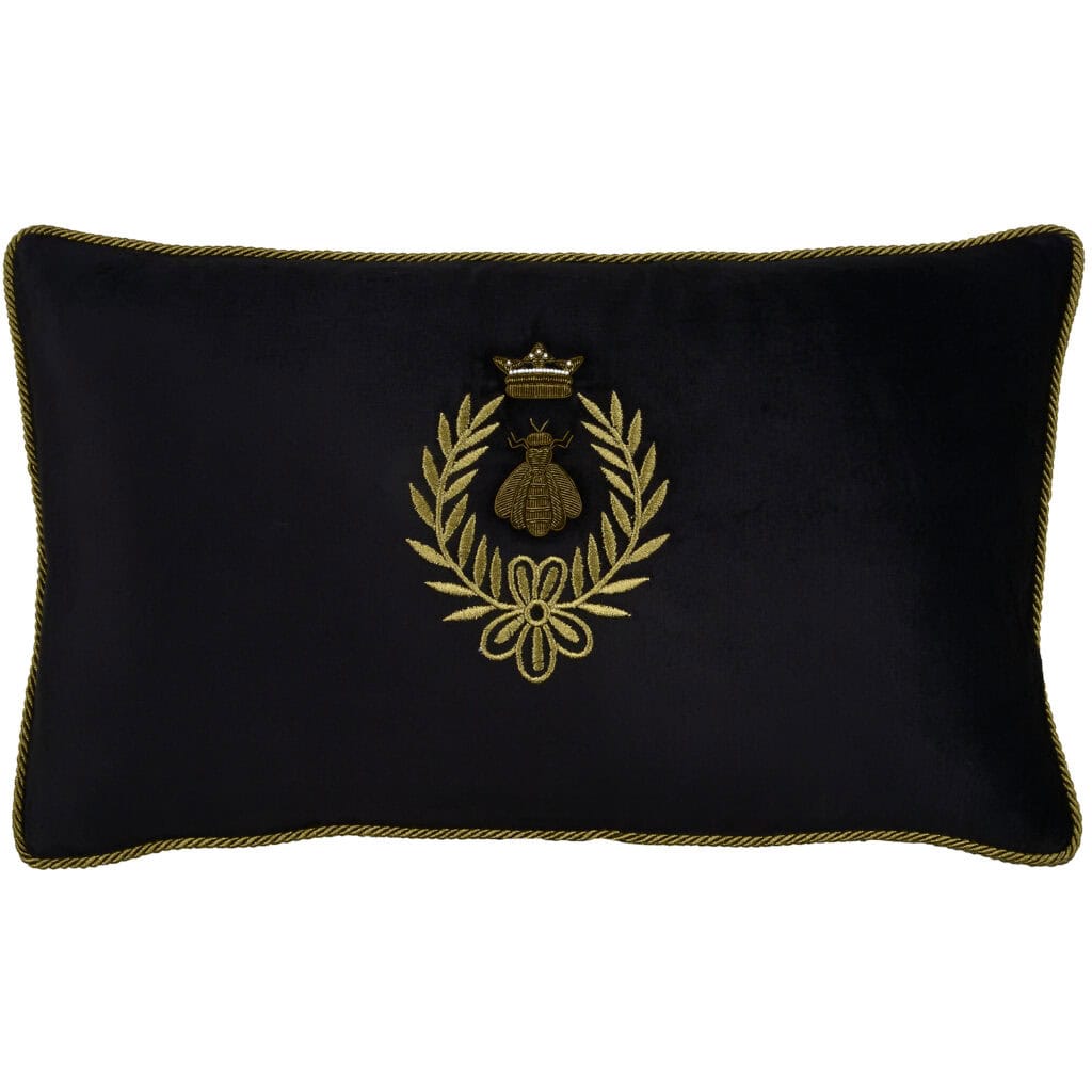Bee Crown & Wreath on Black Velvet Rectangle Cushion