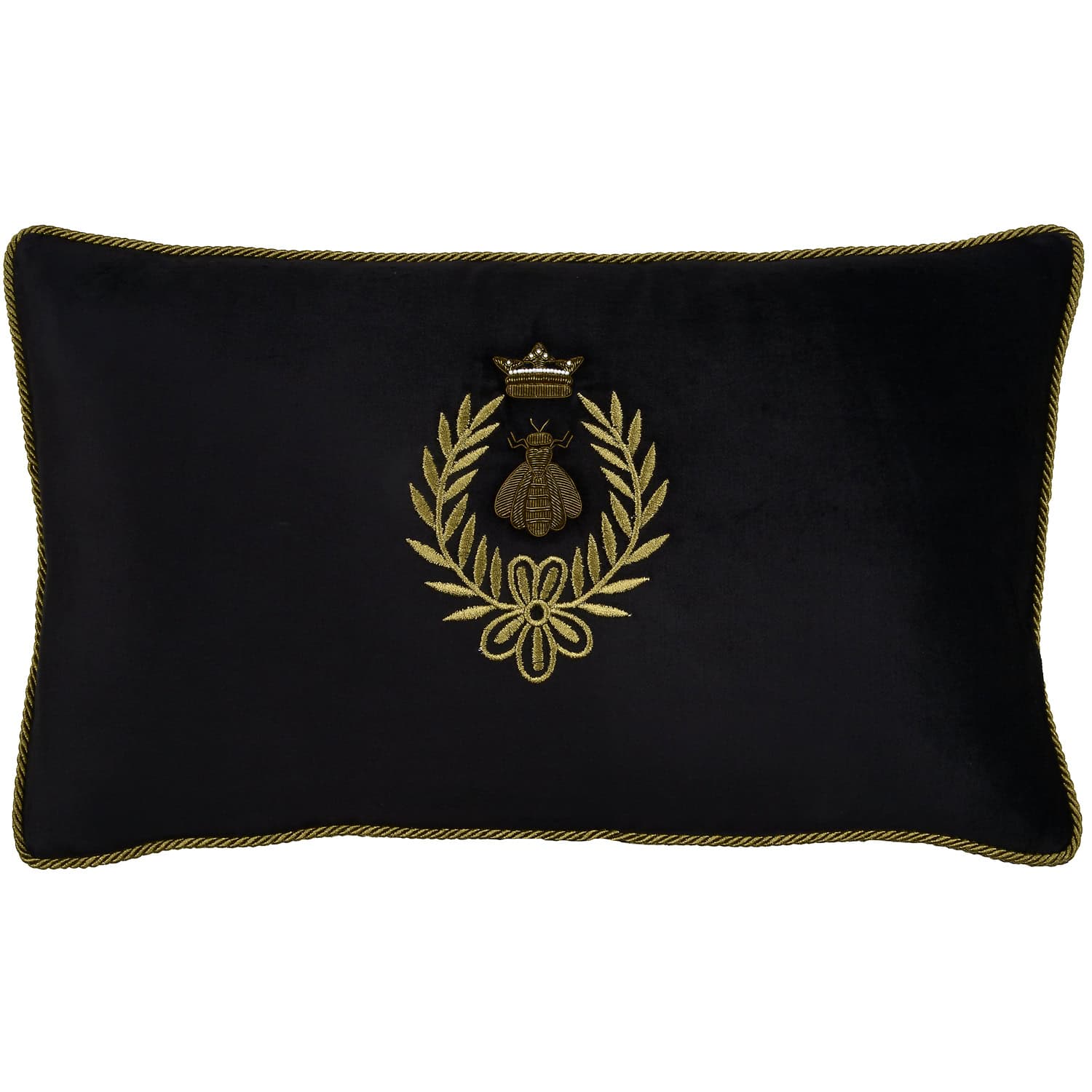 Bee Crown & Wreath on Black Velvet Rectangle Cushion