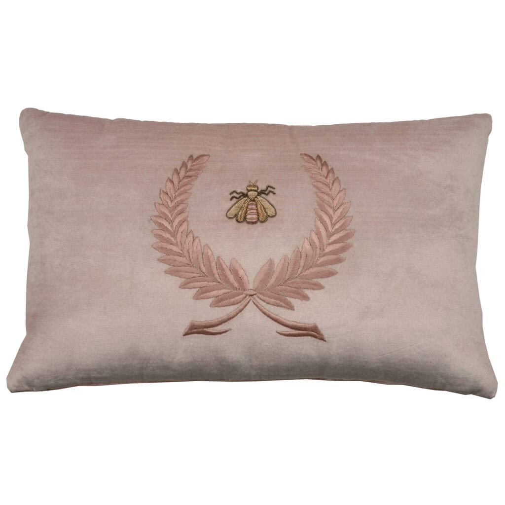 Wreath & Bee on Blush Pink Velvet Rectangle Cushion