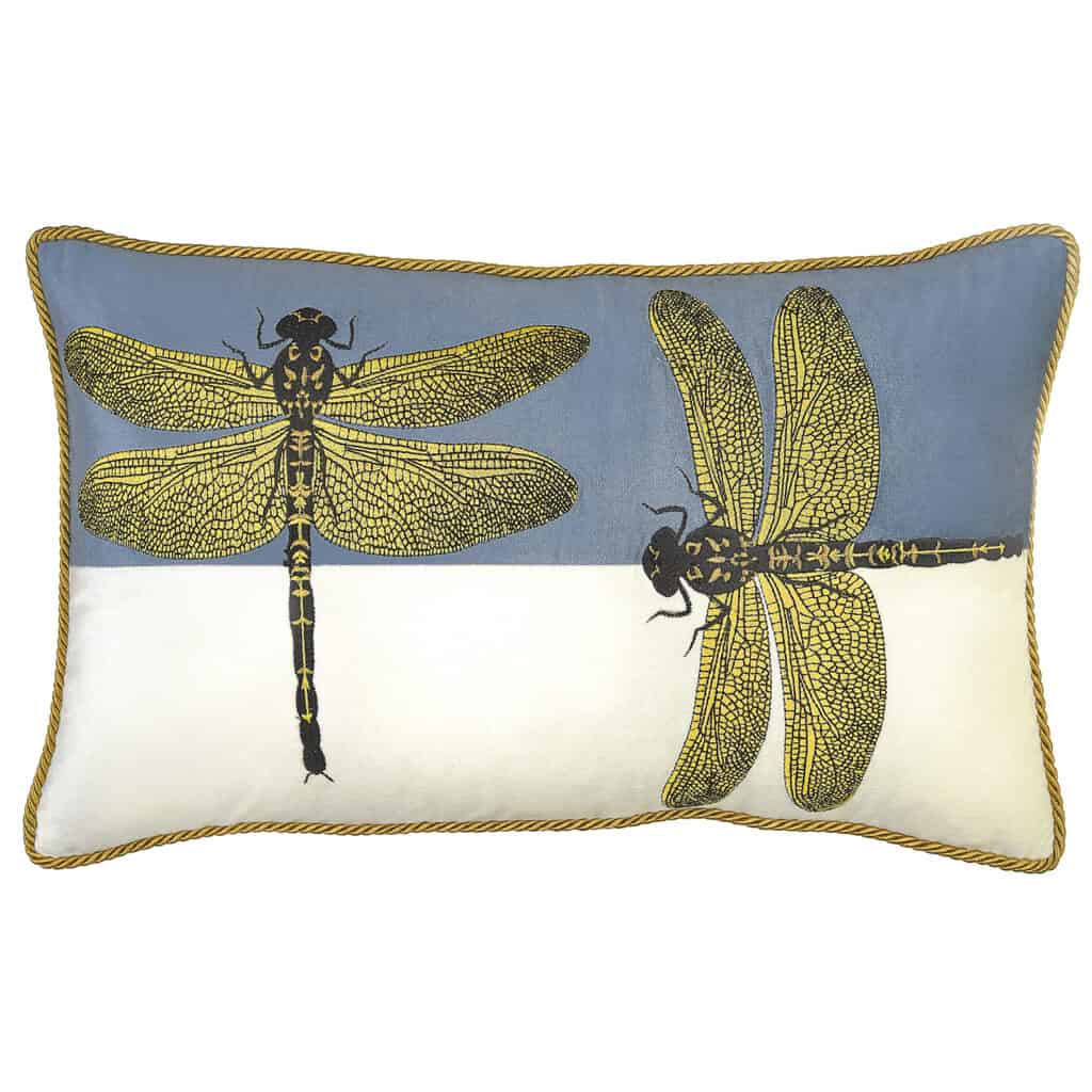 Dragonflies on Blue and Ivory Velvet Rectangle Cushion
