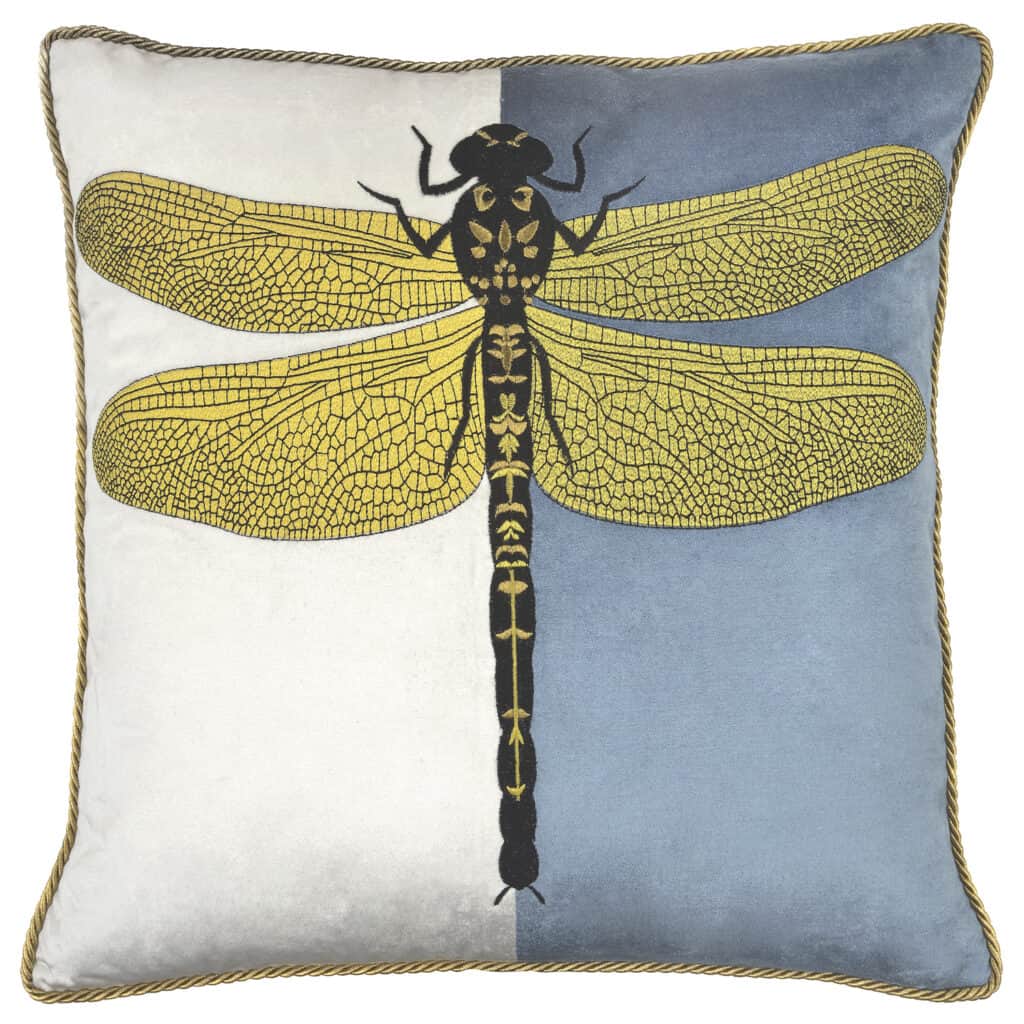 Dragonfly on Blue and Ivory Velvet Cushion