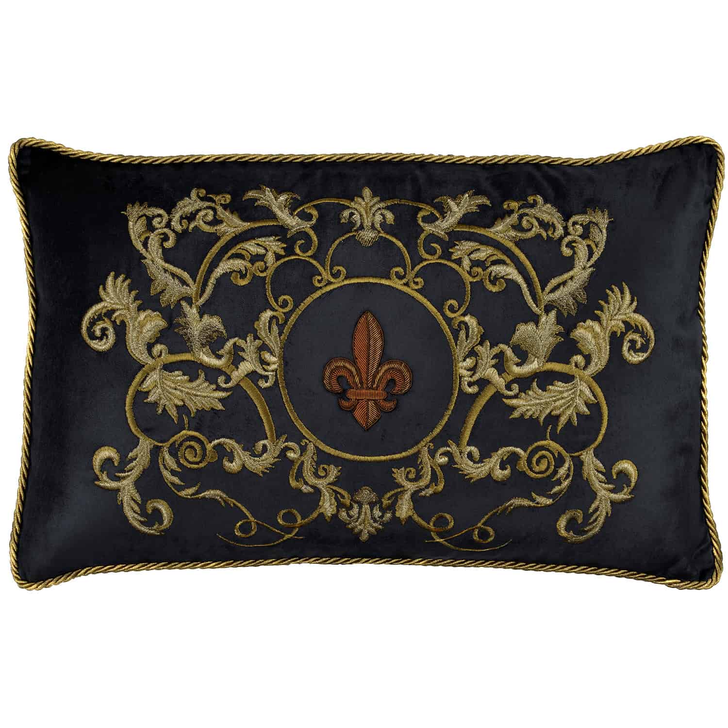 Fleur de Lys and Arabesque on Black Velvet Rectangle Cushion